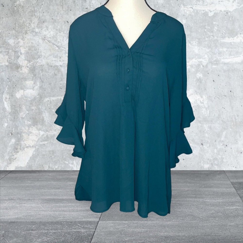 Nordstrom Rack Ruffle Sleeve Tunic Blouse Size M Dark Green